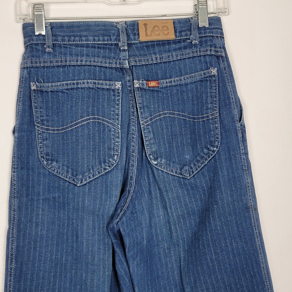 VTG Lee Jeans Womens 9 Blue Pinstripe High Rise Hickory Railroad USA 80s Mom